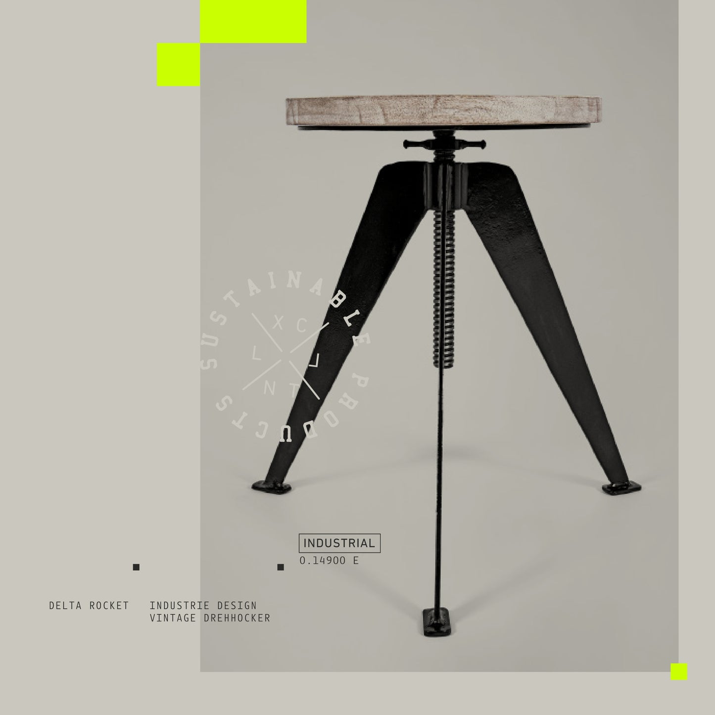 Delta Rocket – Industrie Design Vintage Drehstuhl Hocker aus Metall mit Holzsitz