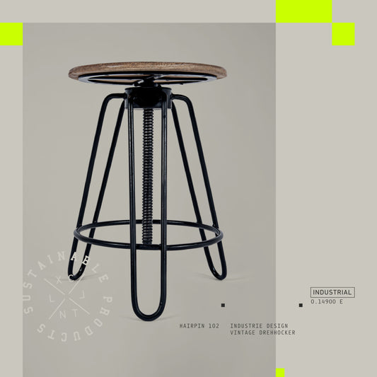 HairPin 102 – Handmade Industrie-Design Dreh-Hocker aus Metall mit Holzsitz in schwarz und kupfer