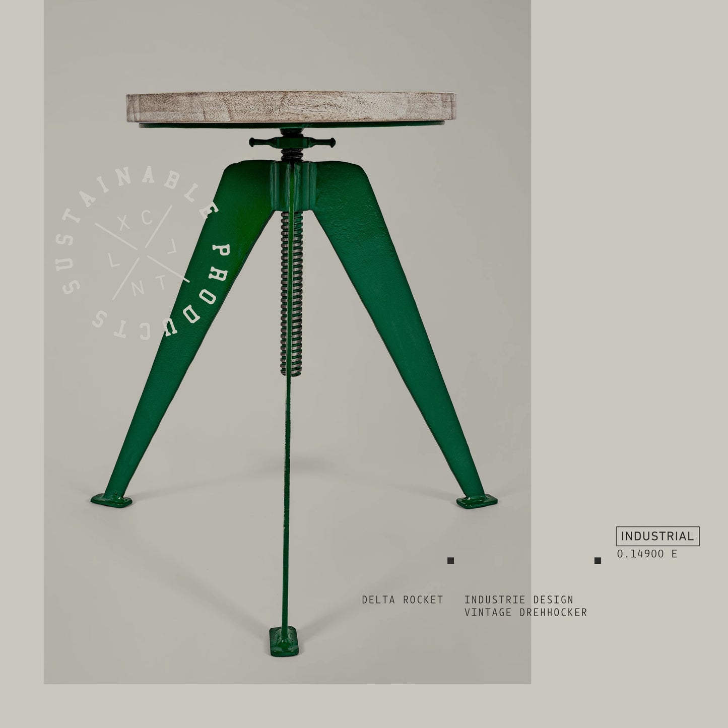 Delta Rocket – Industrie Design Vintage Drehstuhl Hocker aus Metall mit Holzsitz