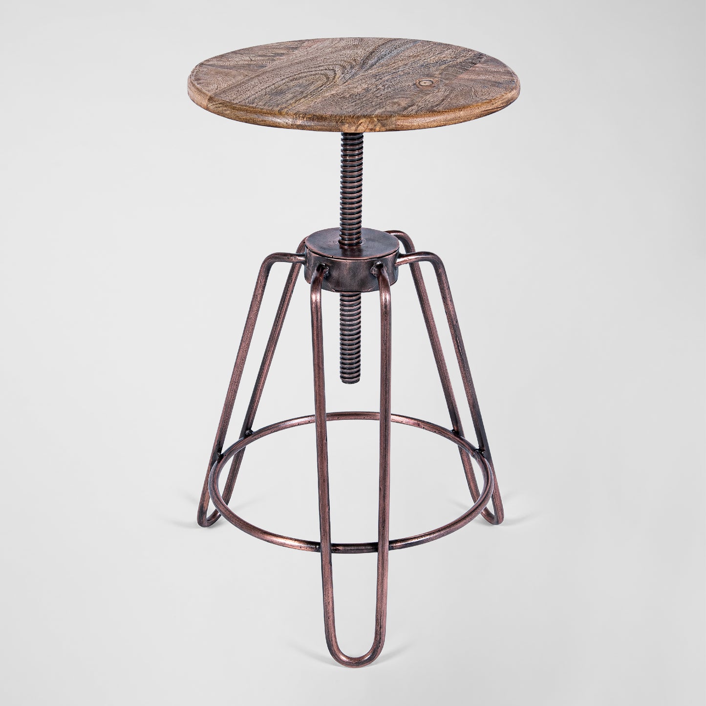 HairPin 102 – Handmade Industrie-Design Dreh-Hocker aus Metall mit Holzsitz in schwarz und kupfer
