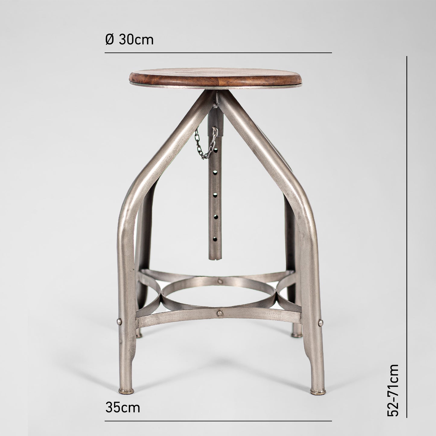 Humphrey Pump – Handmade Industrie-Design Hocker aus Metall mit Holzsitz in silber