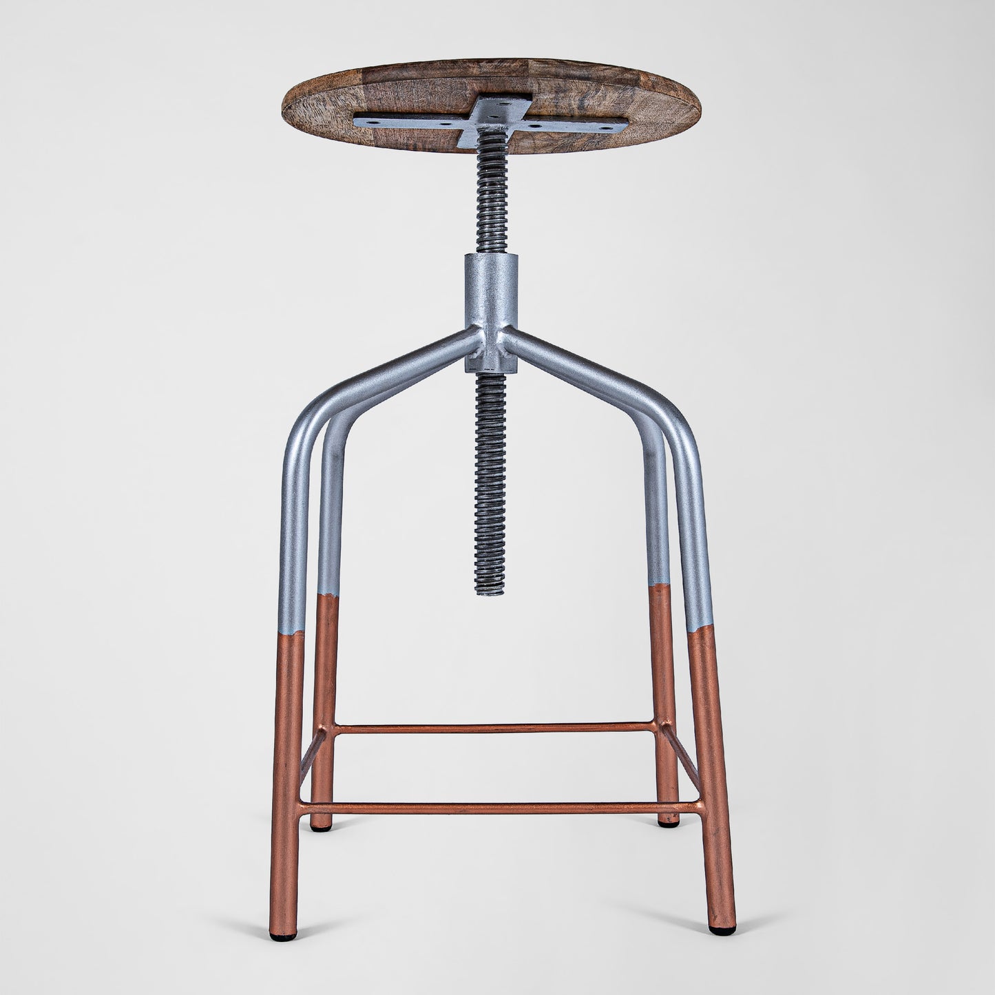 Mr. Copper Feet - Handmade Industrie-Design Dreh-Hocker aus Metall mit Holzsitz in silber mit Kupferfüßen