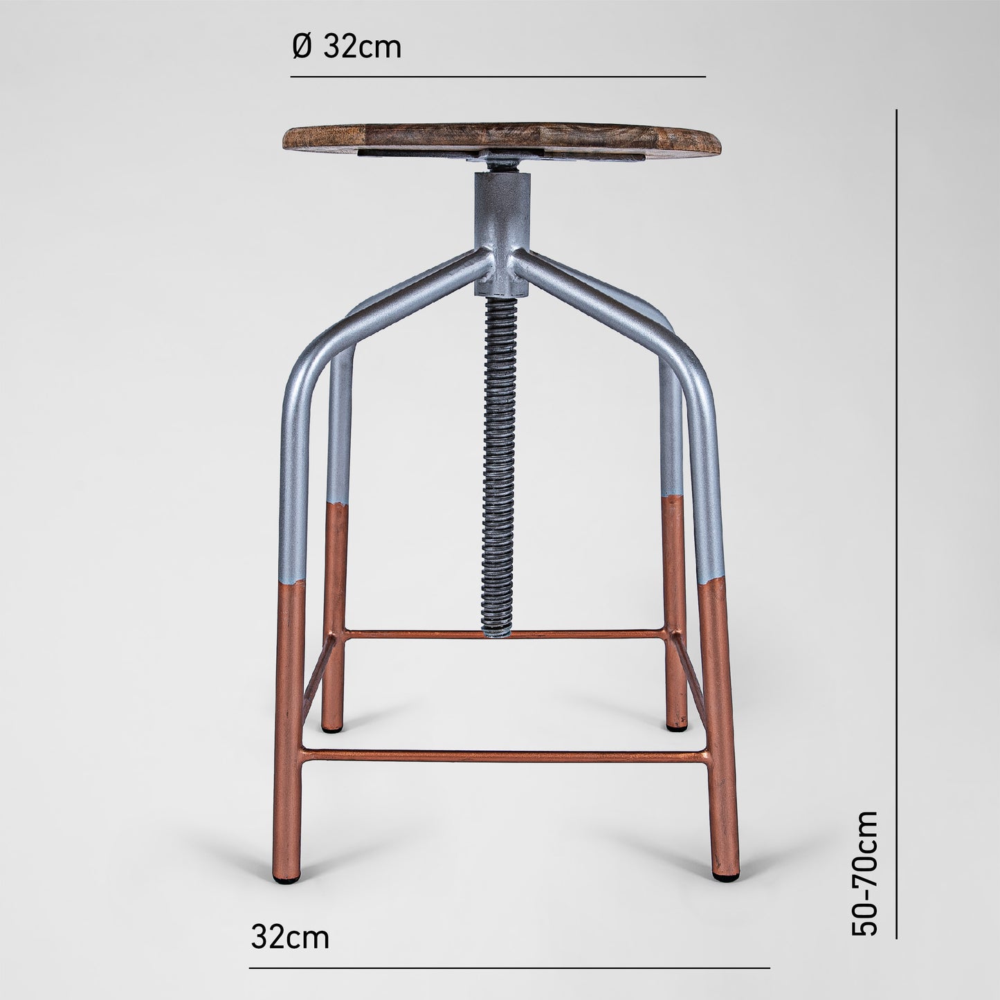 Mr. Copper Feet - Handmade Industrie-Design Dreh-Hocker aus Metall mit Holzsitz in silber mit Kupferfüßen