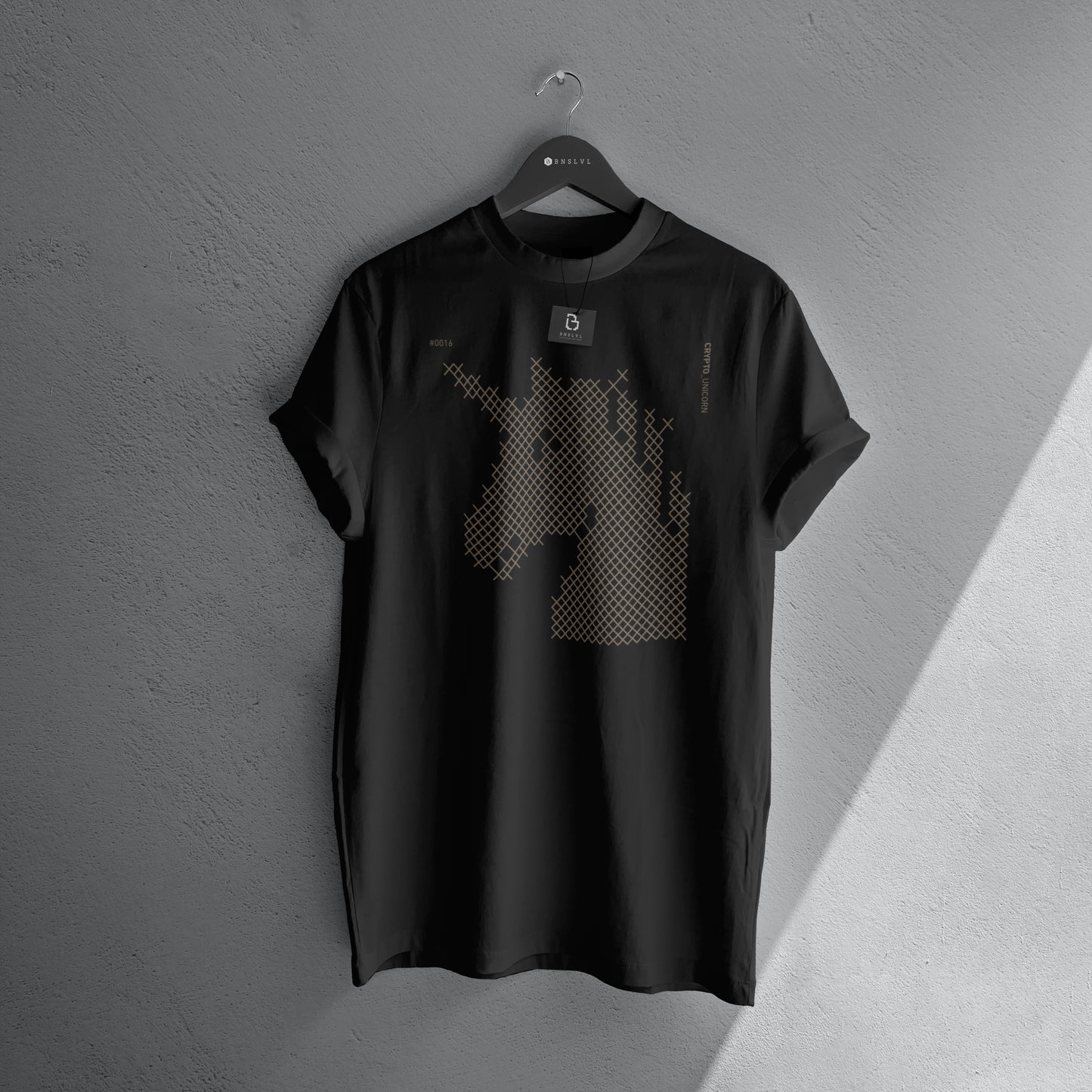 Crypto Collection T-Shirt – Unicorn #0016 | Premium Black Streetwear mit Iconic Grid Design by BNSLVL