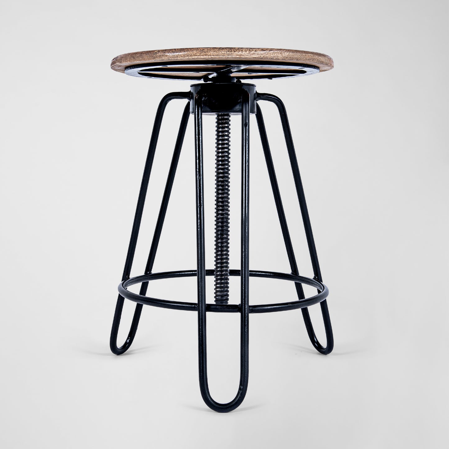 HairPin 102 – Handmade industrial design swivel stool made of metal with wooden seat in black and copper
